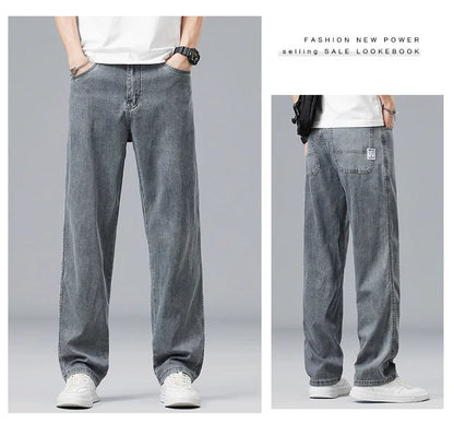 Summer Ultra-thin Lyocell Men's Jeans Drape Soft Fabric Loose Straight Casual Denim Pants Elastic Ice Silk Male Trousers