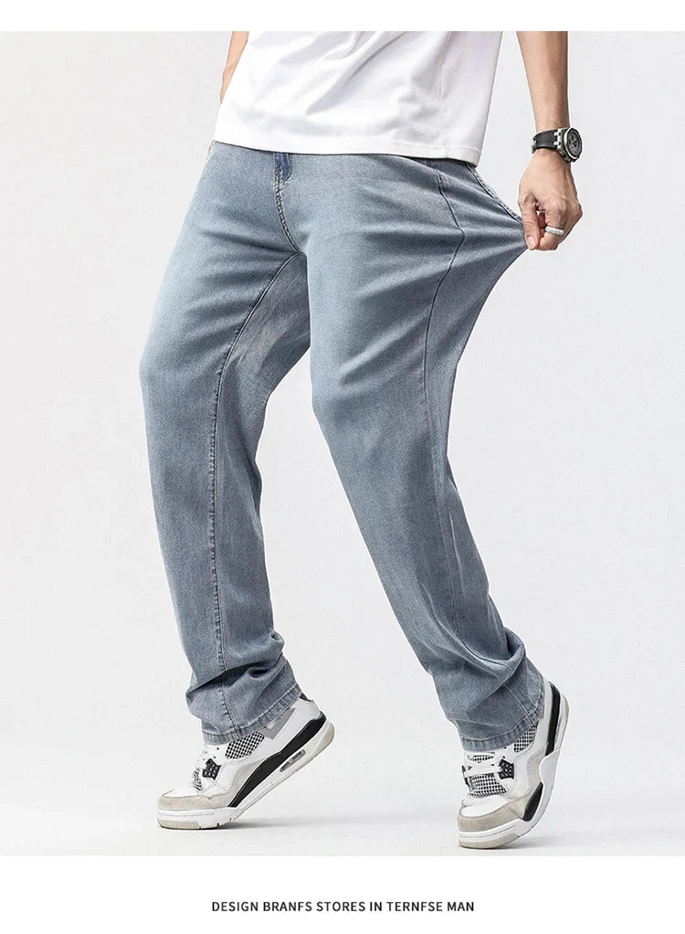 190cm Tall Man Jean Lyocell Wide Leg Denim Pant Male Extra Long Length 115cm 120cm Summer Big Clothes Light Stretch Straight Fit