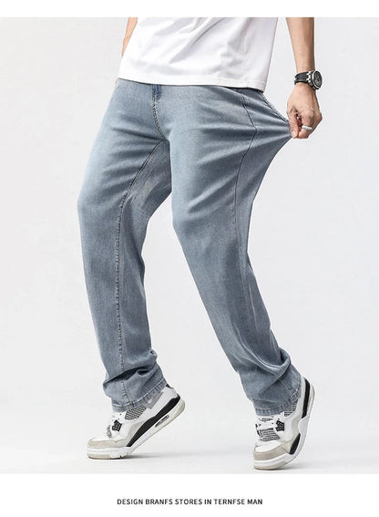 190cm Tall Man Jean Lyocell Wide Leg Denim Pant Male Extra Long Length 115cm 120cm Summer Big Clothes Light Stretch Straight Fit