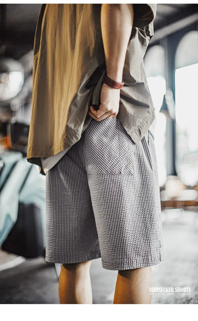 Casual Seersucker Checked Shorts Men's Summer Breathable Office Shorts Elastic Waist Pants Straight Leg Comfortable Bottom