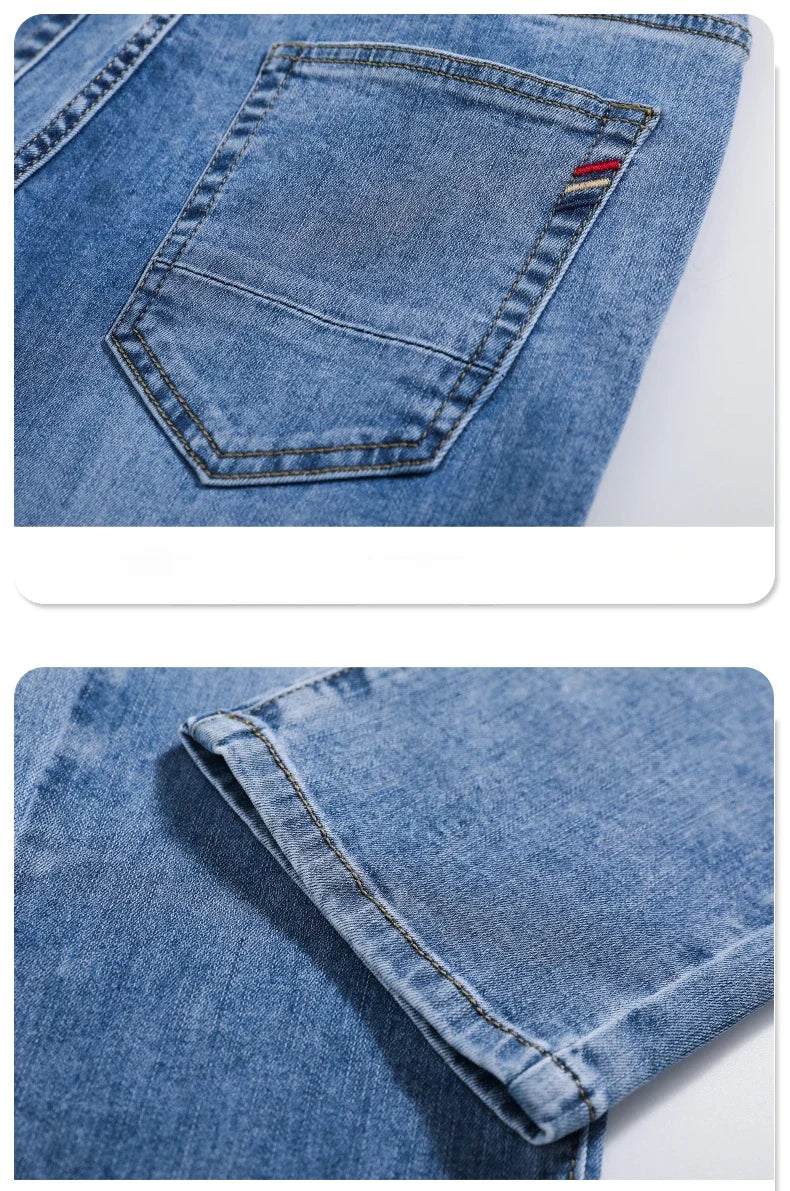 Spring Summer Thin Men's Jeans Fashion Korean Elastic Slim Straight Business Casual Denim Pants Classic Washed Male Trousers