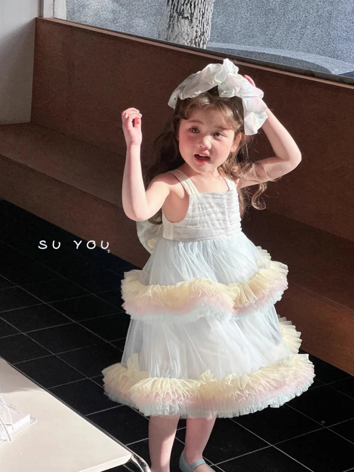 Sweet Baby Girls Elegant Rainbow Gradient Tutu Princess Cake Sundress Kids Tulle Ruffle Trim Puffy Birthday Party Casual Gown