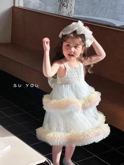 Sweet Baby Girls Elegant Rainbow Gradient Tutu Princess Cake Sundress Kids Tulle Ruffle Trim Puffy Birthday Party Casual Gown