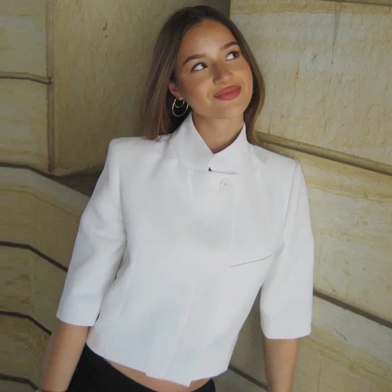 Women's Asymmetric Crop White Blazer Summer 2026 Casual Button Short Sleeve Blazer For Women Fashion Outerwears Suit Jacket