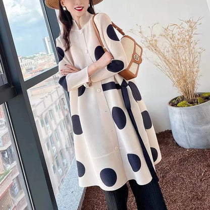 Miyake Pleated Dot Printing Dress 2025 Autumn Single Breasted Plus Size Drawstring Elegant Streetwear Festival Women Clothing