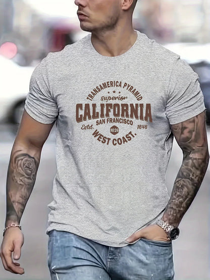 Men's 100% cotton casual sports loose fit California West Coast print round neck short sleeved T-shirt top
