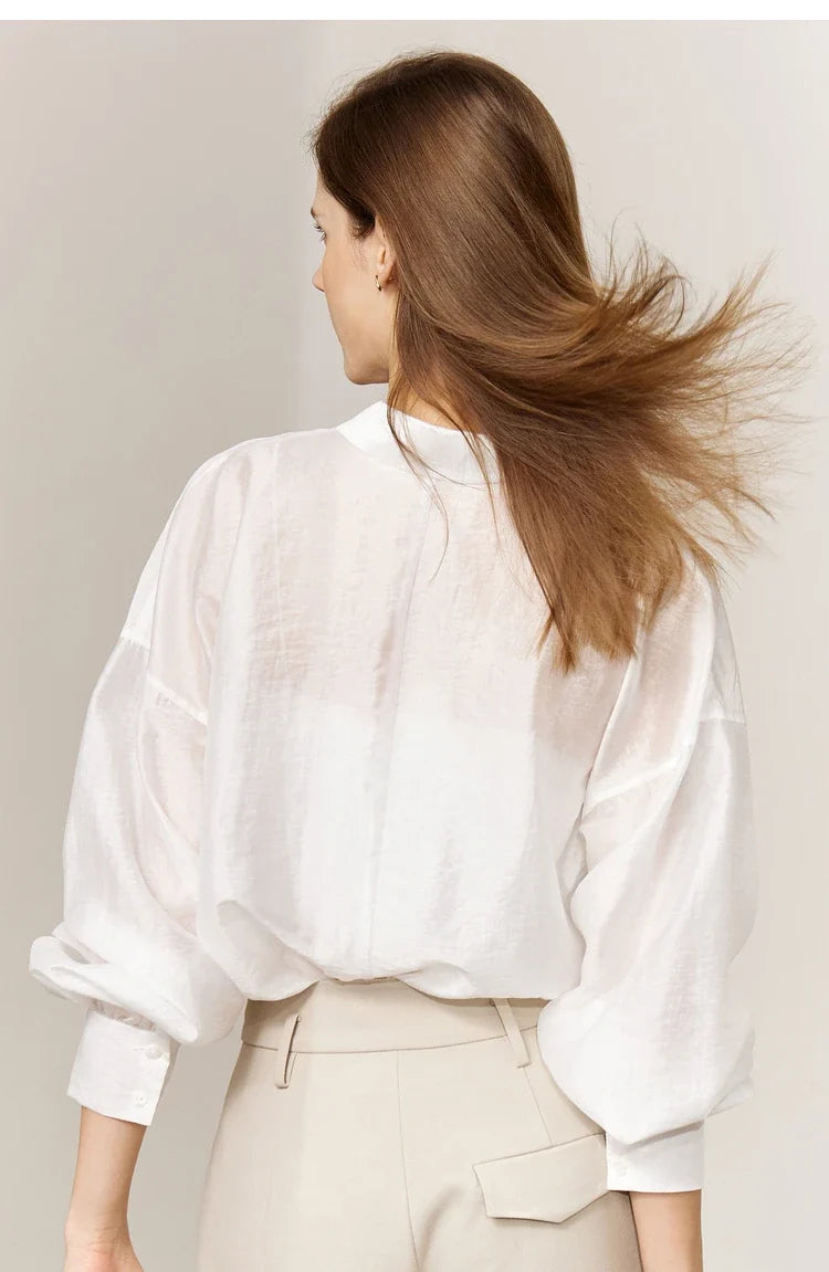 Minimalist Blouse for Women 2023 Autumn Lantern Sleeve V-Neck Slightly Transparent Elegant Commuter Clothing Tops 72341030