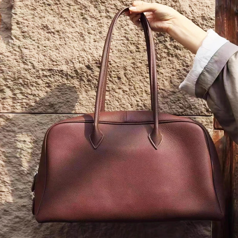 Genuine Leather Bowling Bags For Women Luxury Designer Handbags And Purses 2025 New In Cowhide Lychee Texture Underarm Shoulder