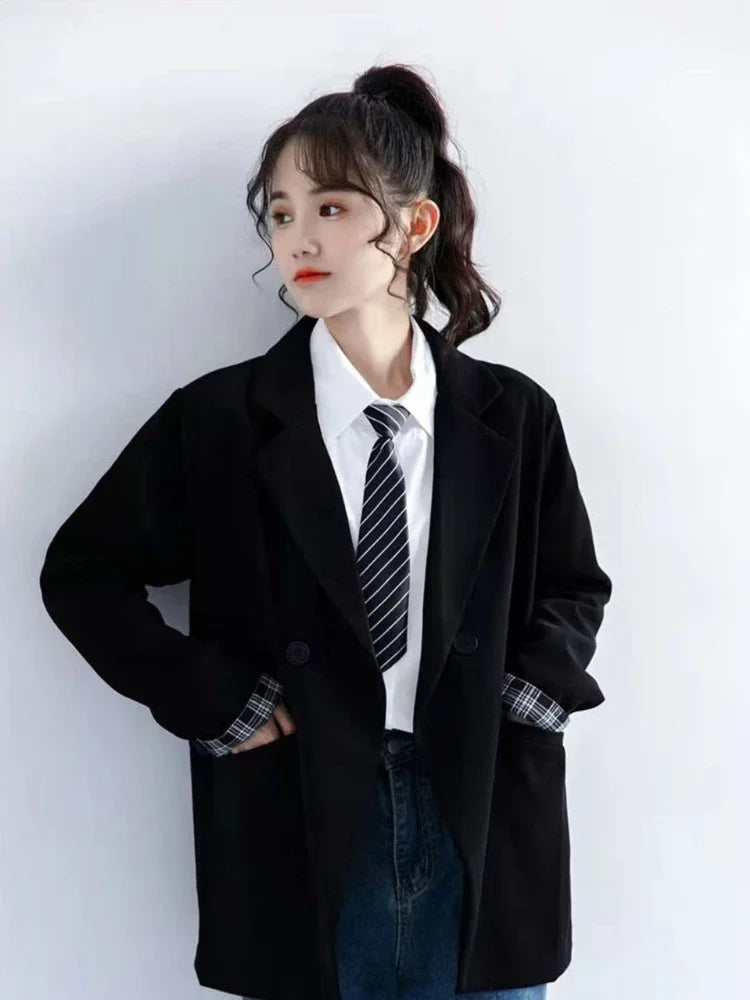 Petite Women's Spring Autumn Black Rolled Cuffs Blazer New Arrival Loose Vintage Casual Plaid Korean Style Chic Suit Jacket