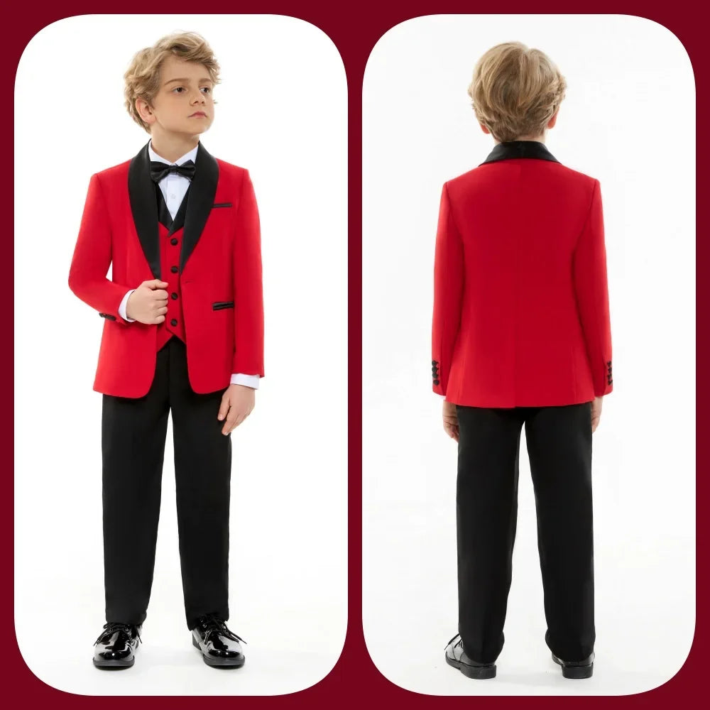 Boys' Formal Red  Black Tuxedo Suit with Black Bow Tie Elegant Flower Boy Outfit Weddings Kids' Formal Events  Special Occasions