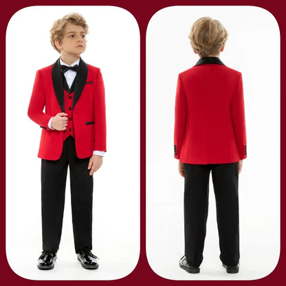 Boys' Formal Red  Black Tuxedo Suit with Black Bow Tie Elegant Flower Boy Outfit Weddings Kids' Formal Events  Special Occasions