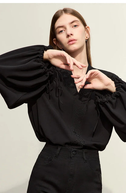 Chiffon Women's Blouse 2025 Autumn New V-neck Letter Embroidered Top Elegant Lantern Sleeve Loose Women's Shirt 12421028