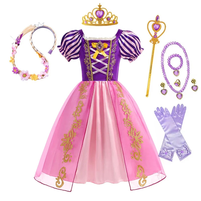 Disney Rapunzel Princess Dress Girl Purple Puff Sleeve Cosplay Tangled Costume Halloween Vestido Kids Birthday Ball Gown Clothes
