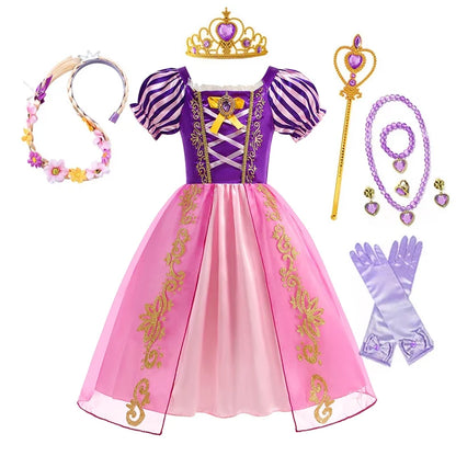 Disney Rapunzel Princess Dress Girl Purple Puff Sleeve Cosplay Tangled Costume Halloween Vestido Kids Birthday Ball Gown Clothes