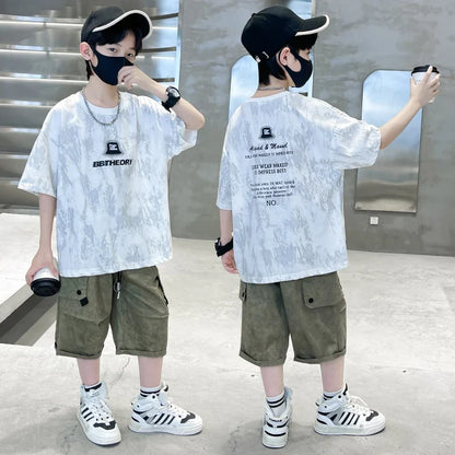 Child Summer Suit for Boy New Design Silver Sprinkles Print Cotton Top and Bottom Set Clothing 2 Piece Outfit For Kids Age 2-14Y