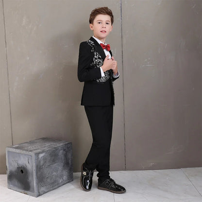 Exquisite Sparkling Boys Suits 2 Pieces Piano Performance Outfit,Black Elegant Kids Suit Set For Party,Peak Lapel Tuxedo On Sale