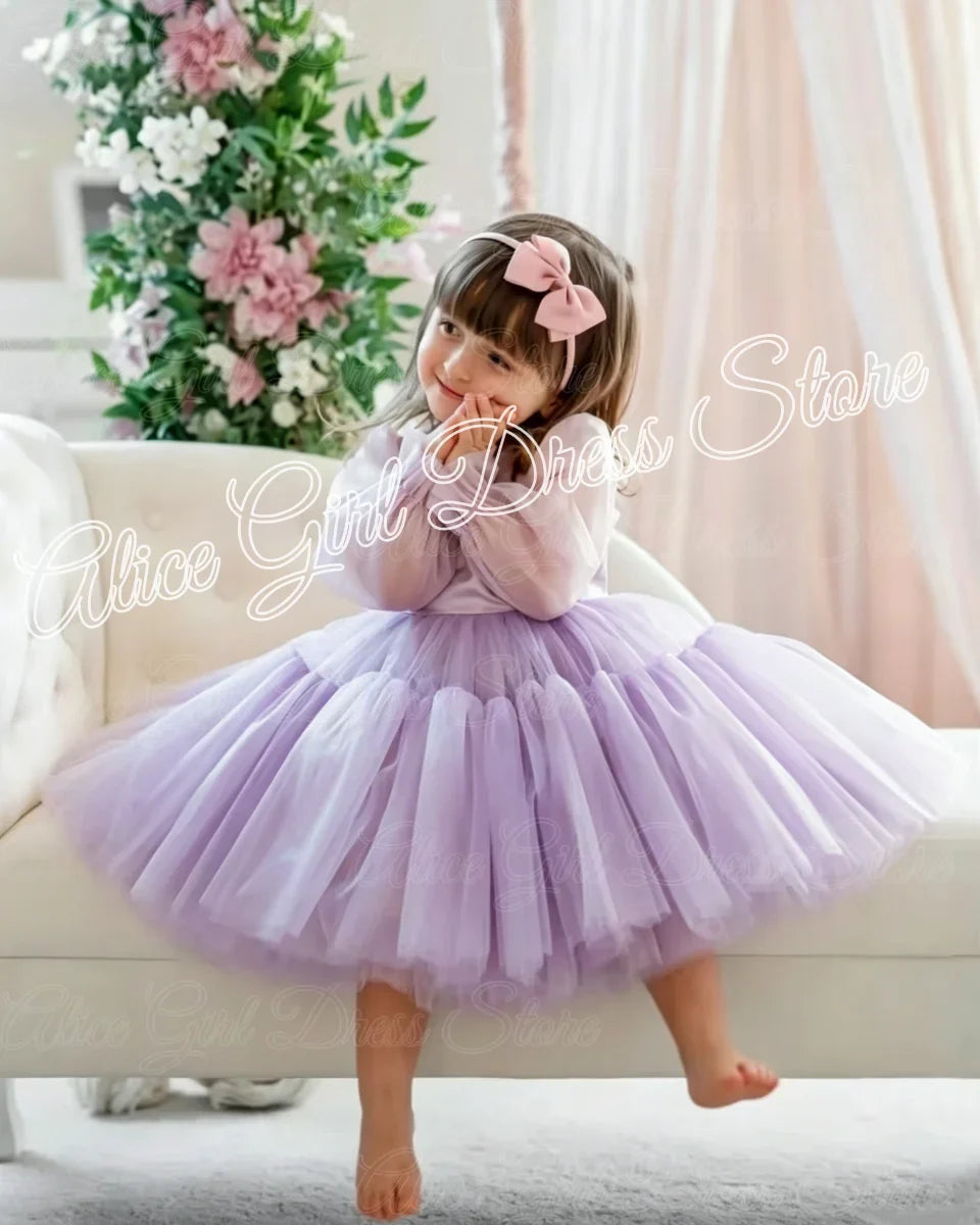 Customized Lovely Pink Flower Girl Dress For Wedding Puffy Knee Length Kids Birthday Party First Communion Ball Gowns