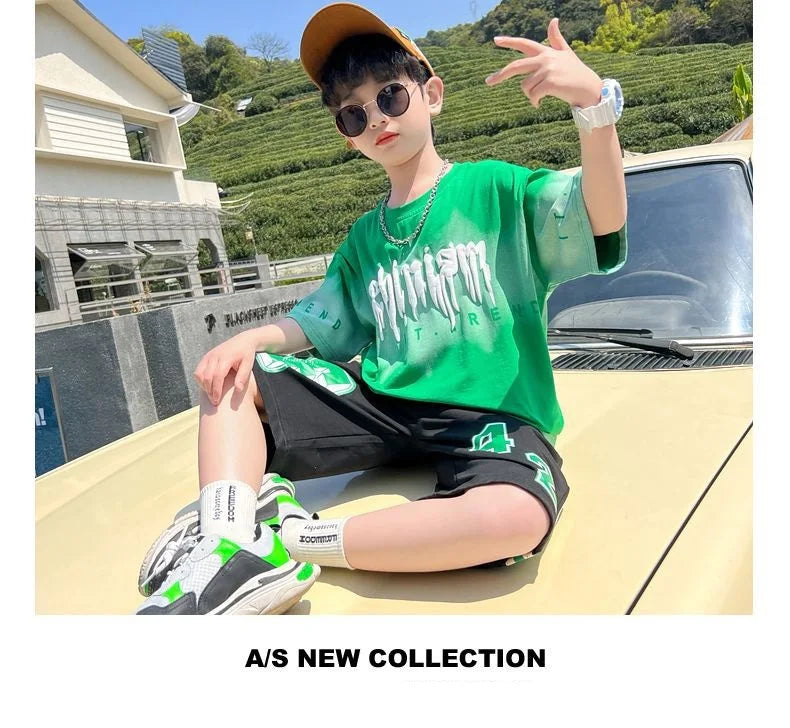 Summer Boys Cotton Alphabet Tie Dye t-Shirt Tops+Sweat Shorts Pant School Kids Tracksuit Child 2PCS Outfit Workout Set 5-16Years