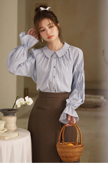 Women's Blue Stripe Shirt 2024 Spring Fashion French Retro Bubble Sleeves Doll Neck Loose Tops Office Lady MXD12C0163