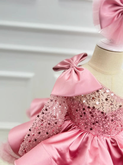 Gorgeous and Elegant Girls Dress Satin Bow Girls High-End Party Evening Dress Exquisite Baby Girl One-Year-Old Clothing