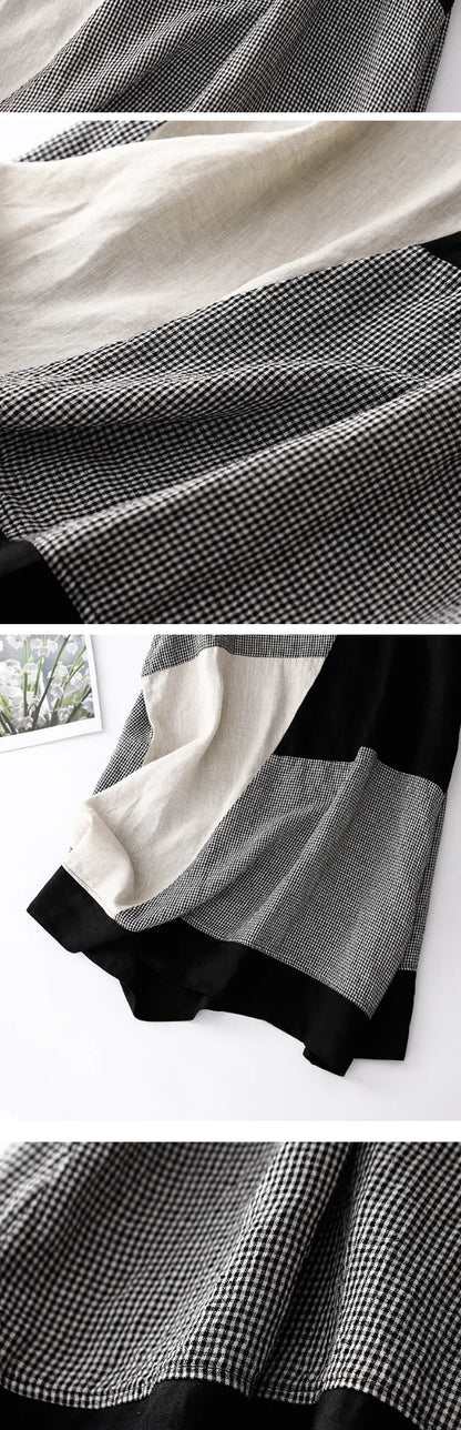 Summer Casual Loose Women's Plaid Linen Dr Design Sense Color Blo Mid-Length Slimming A-Line Skirt Korean Sle Commute