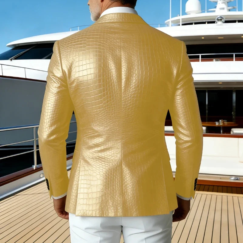 Luxury Men's Crocodile Embossed Leather Blazer Notch Lapel Suit Fit 1 Button Jacket Shiny Croc Print Formal Business Party Coat