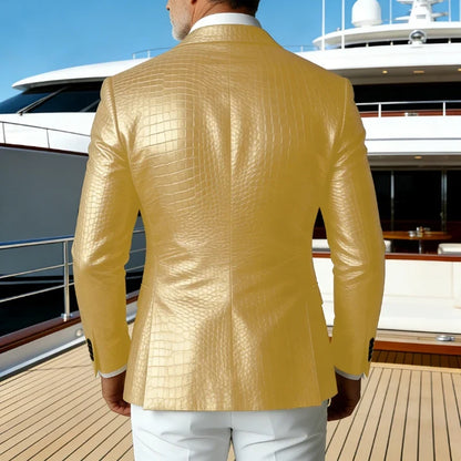 Luxury Men's Crocodile Embossed Leather Blazer Notch Lapel Suit Fit 1 Button Jacket Shiny Croc Print Formal Business Party Coat
