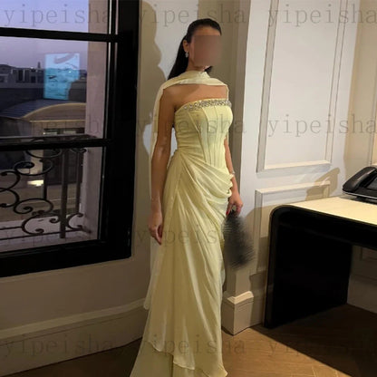 Customized Strapless Evening Dresses Pleat rhinestone Beading Draped Straight ProM Gown Modern Long Chiffon Backless Party Dress