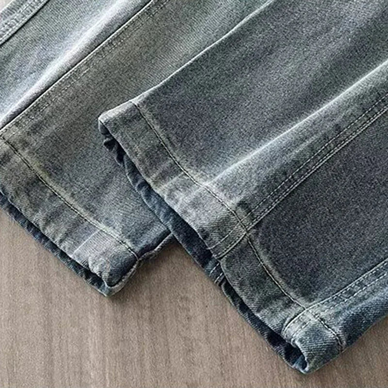 Korean High Street Retro Men'S Jeans Pleated Patchwork Paratroopers Autumn And Winter Loose Casual Straight Leg Pants