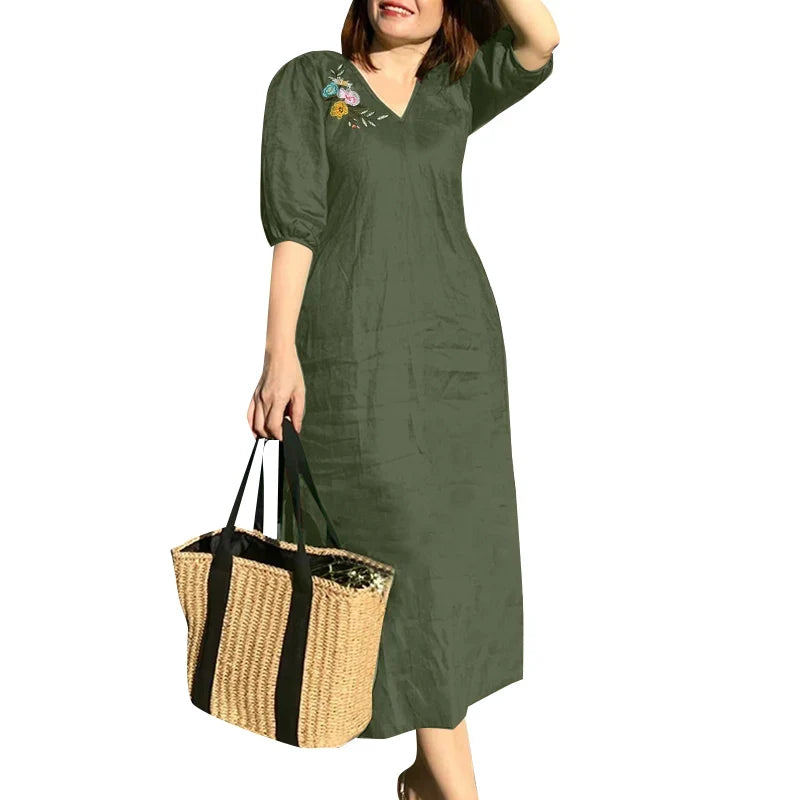 Women V Neck A-line Vestidos Solid Holiday Casual 2024 Summer Dresses Commute Half Sleeve Floral Embroidery Midi Dress