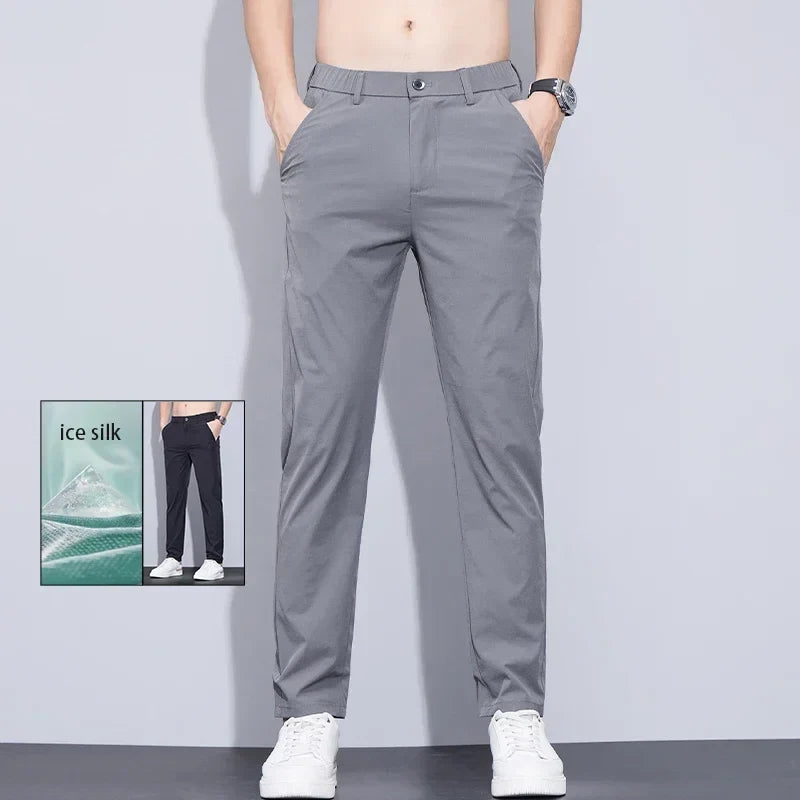 Men's Ice Silk Trousers Solid Color Korean Loose Breathable Straight-Leg Casual Pants Thin Quick-Drying Sports With Pockets