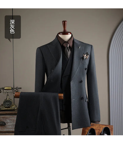 High Quality Mens Suit Formal Business Slim Fit Double-breasted Striped Suit Set Groom Wedding Dress Party Tuxedo Men's Clothing