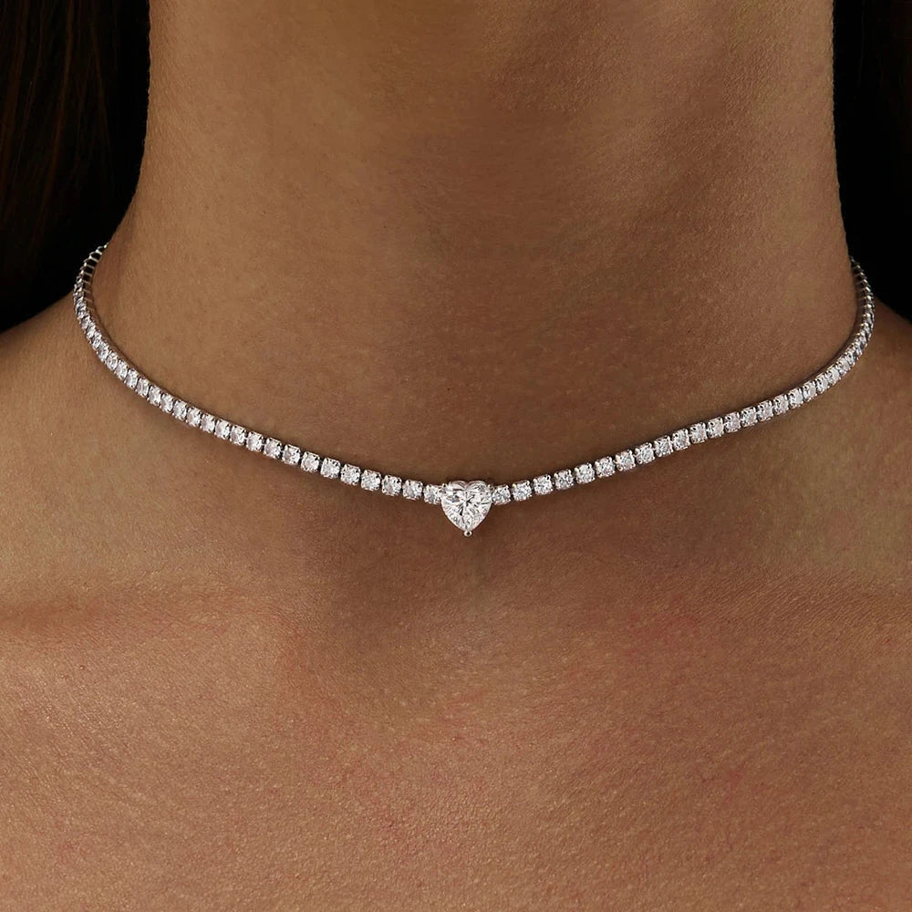 2mm Full Moissanite Diamond Tennis Necklace With Heart Cut Diamond Riviera Necklace S925 Silver Adjustable Choker for Women