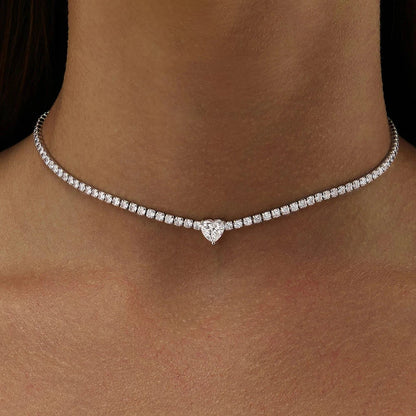 2mm Full Moissanite Diamond Tennis Necklace With Heart Cut Diamond Riviera Necklace S925 Silver Adjustable Choker for Women