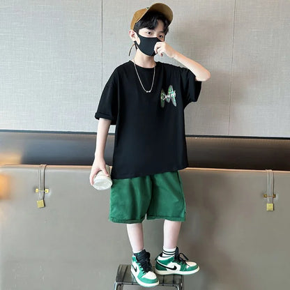 Summer Boys Cotton Leisure Loose Contrast Alphabet T-Shirt Top+Shorts Pant Set School Kids 2PCS Tracksuit Children Outfit 5-16Yr