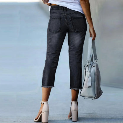 Ladies' Fashionable Slim Fitting Ripped Trendy Jeans Summer Streetwear Casual Distressed Stretchy Denim Pants