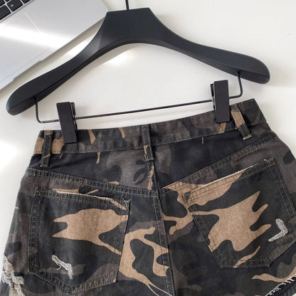 American Retro Camouflage Mini Shorts 2026 Ladies Hollow Out Slim Beach Pants Hot Girl Sexy Print Denim Shorts