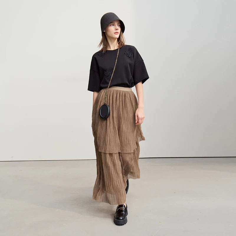 Long Skirt 2026 Spring New Casual Vacation Waist Pleated Mesh Long Skirt Women Loose Solid Versatile Woman Clothes 12621001