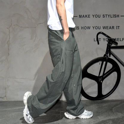 Mens Cargo Pants American Trendy Solid Black Cotton Heavyweight Wide Leg Loose Straight Streetwear Casual High Quality Pants