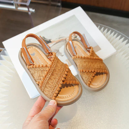 Girls Summer Beach Shoes Ethnic Style Kids Casual Sandals Soft Sole Fashion Children Retro Princess Shoes 2025 Summer New