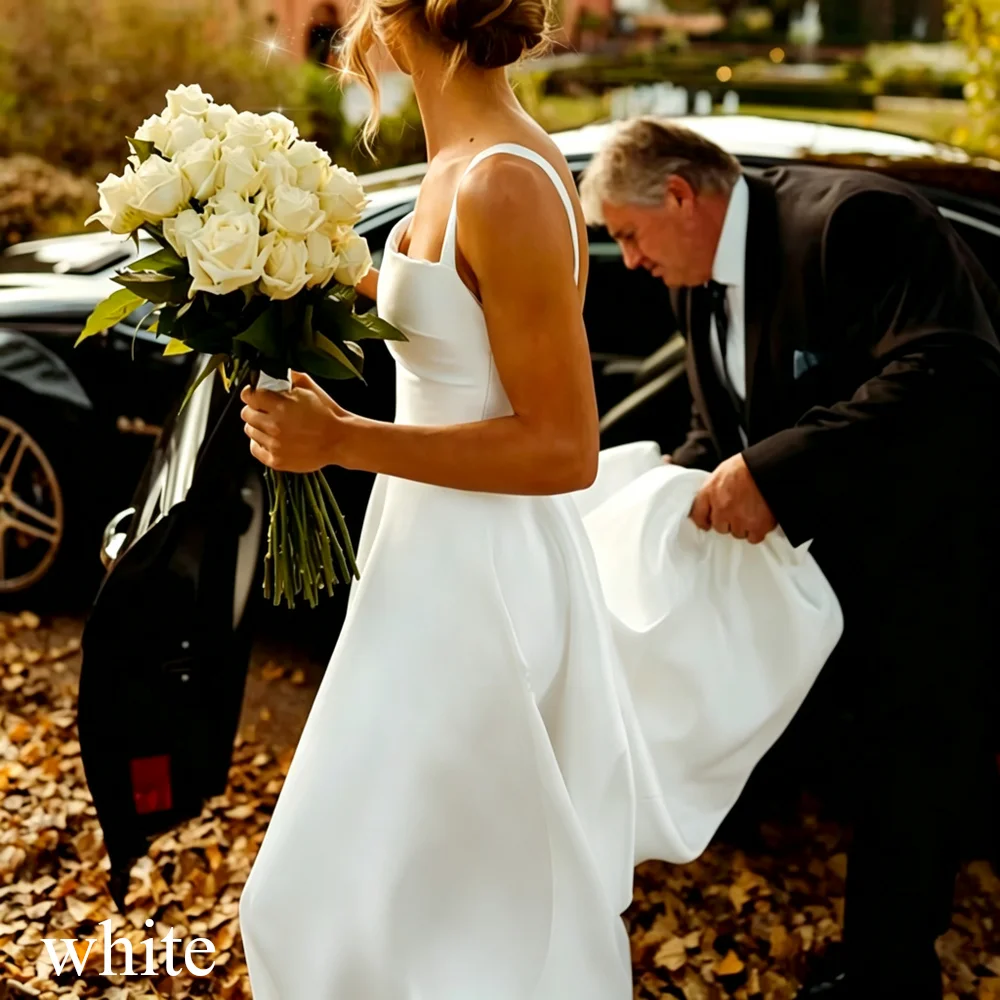 Classic Long White Wedding Dress A-Line Square Collar Spaghetti Straps Formal Pleat  Vintage Backless High Silt Grown Customized