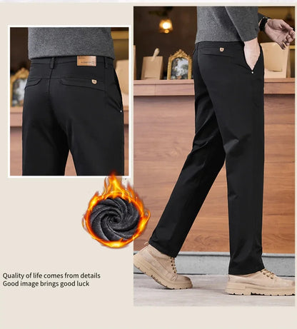 2025 Winter Fleece Pants Men's Pocket Fashion Thickened Cotton Stretch Comfort Plush Straight Business Pants Male