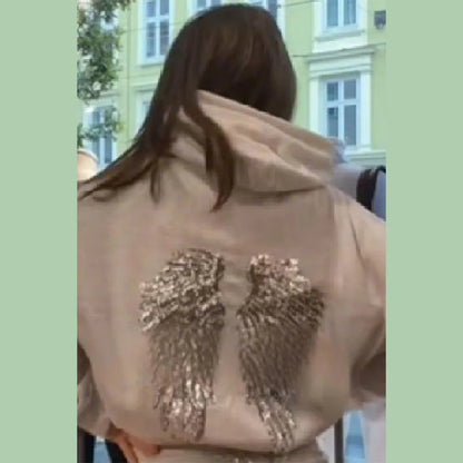 Female Sequined Wing Print Pattern Hoodie Autumn Fashion Classical Hooded Sweatshirt 2025 Loose Elegant Versatile Warm Pullover