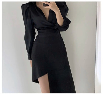 Early Autumn Shirt Dress Women's Mid-Length Asymmetrical Single-Button Notch Collar Slimming Style Commute Fashion