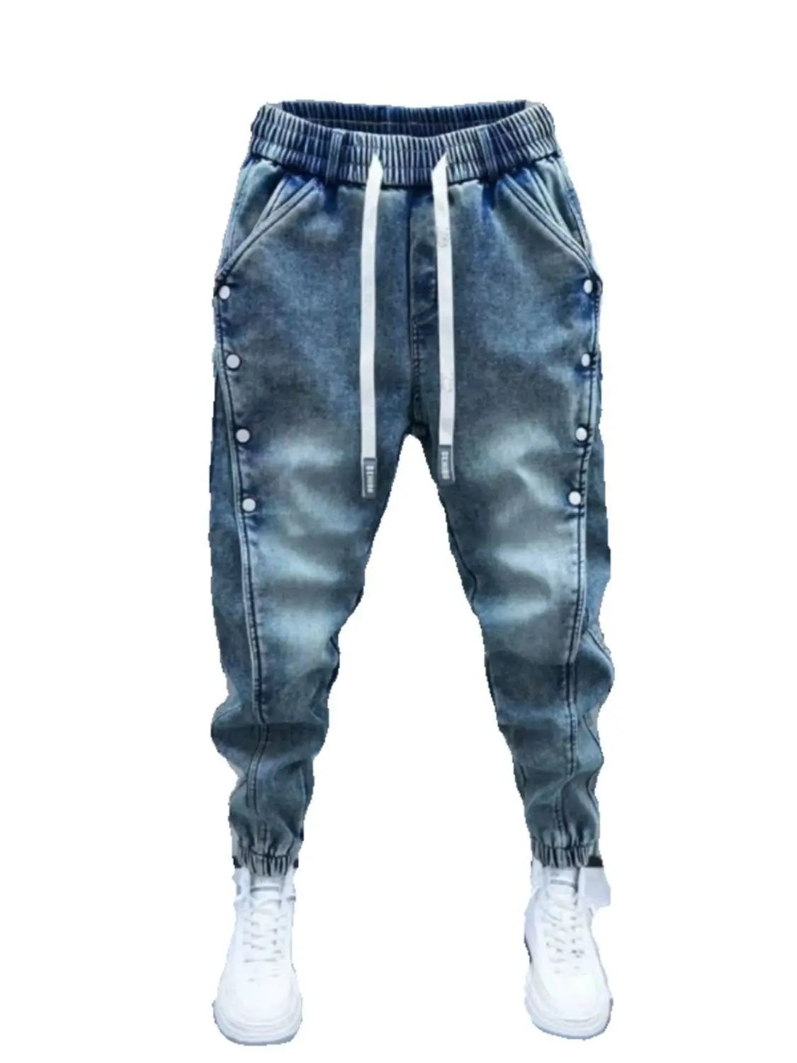 Drawstring Menswear Clothing Handsome Spring New Men's Jeans Korean Elastic Waist Buttons Decorative Fashion Harlan Pants Men