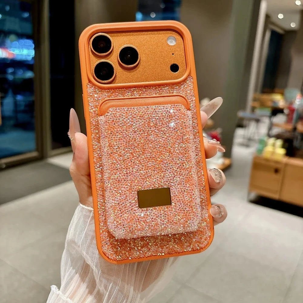 Luxury Glitter Flash Diamond Case With Magnetic Card Bag For iPhone 17 Air 16 15 14 Plus 13 12 Pro Max Anti-drop Protector Shell