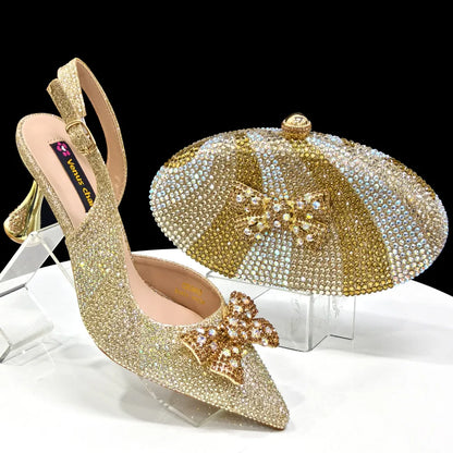 New Arrival Women's Elegant Black Shoes with Rhinestone-Embellished Diamond Heels & Matching Handbag – Perfect Fashion Set for