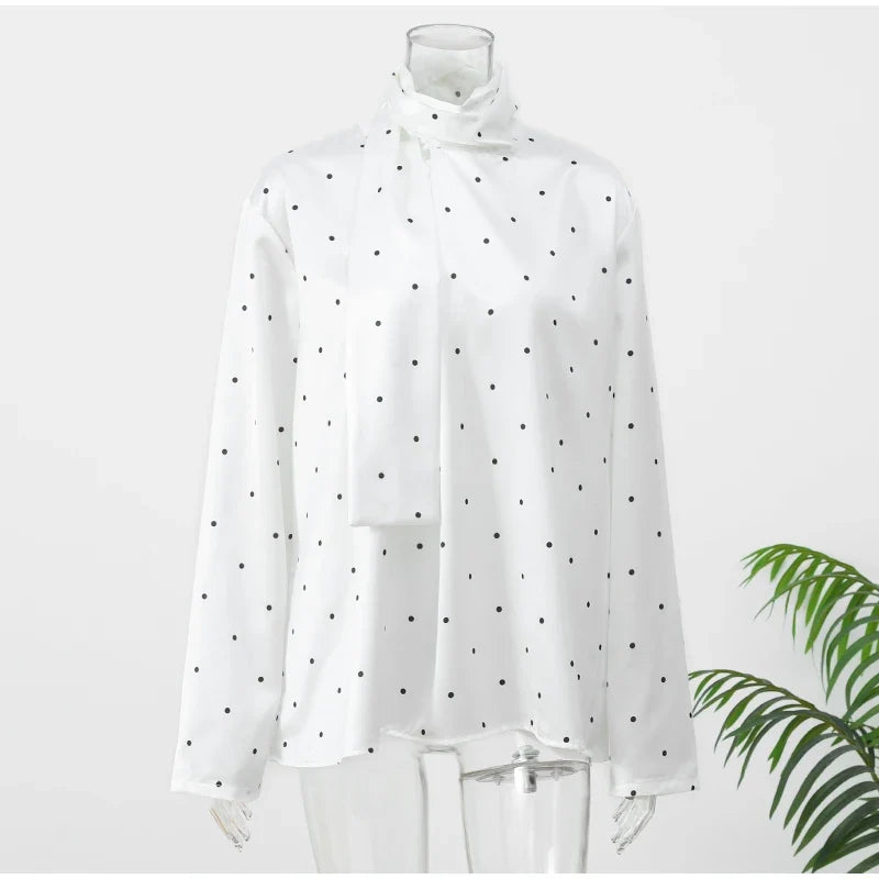 Satin Scarf Neck Polka Dot Printing Women Blouse Fashion Full Sleeve Loose Basic Shirt Lady Spring New Highstreet Commute Wears