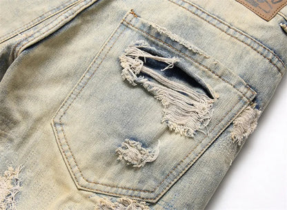 Summer Worn and Scratched Jeans Men's Small Feet Perforated Pockets Ragged Edges Long Pants Slim Fit Printing High Street Tide 2