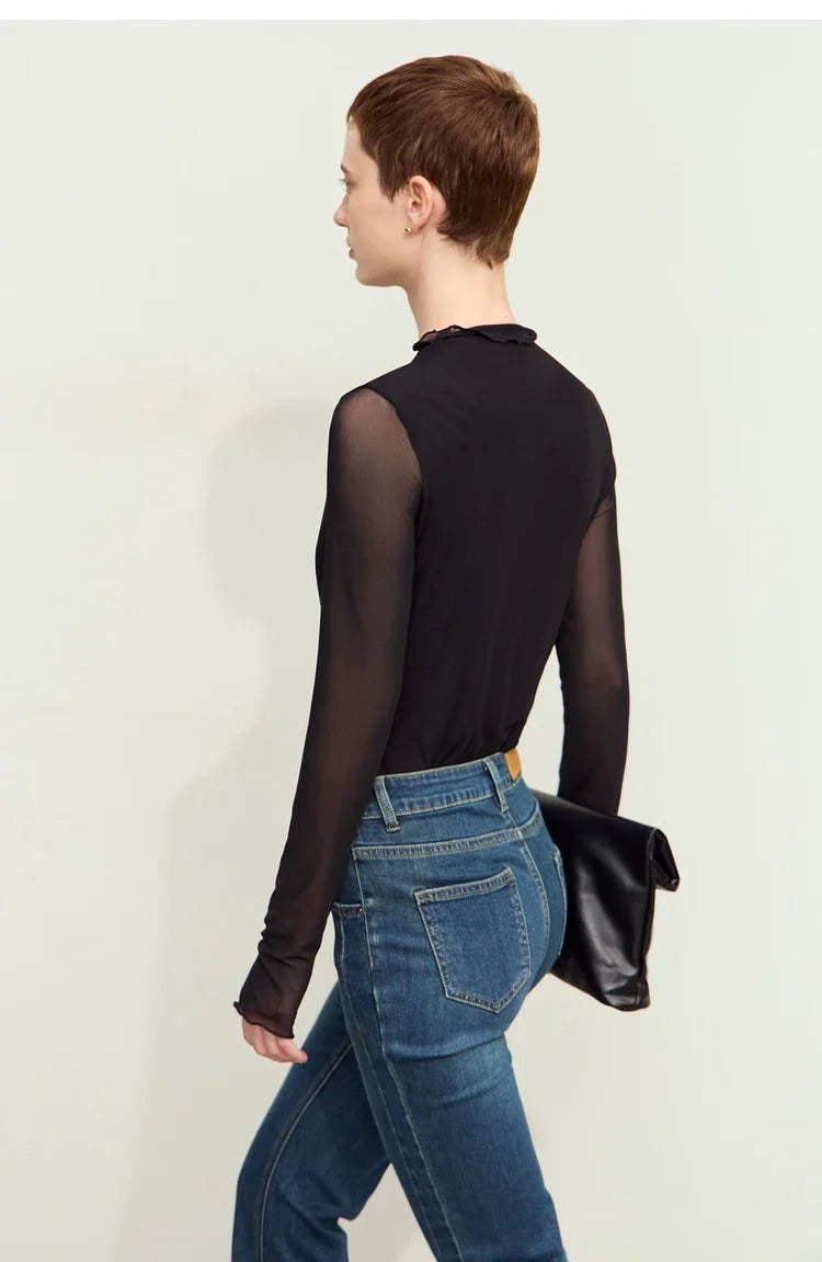 Minimalism Mesh T-shirts For Women 2025 Autumn New Office Lady Half-high Neck Micro Perspective Slim Retro Shirt 12423055